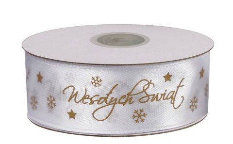 Wstążka Craft-Fun Series satynowa satynowa z nadrukiem Wesołych Świąt 25 biało-złoty Titanum (25/25YWHITE)